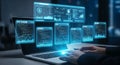 Programmer Working on Laptop with Futuristic Code and Data Visualizations Royalty Free Stock Photo