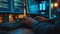 Programmer\'s hands type code on a keyboard, illuminated by the soft glow of computer screens in the workspace Royalty Free Stock Photo