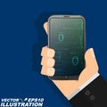 The programmer`s man is holding a modern smartphone in his hand and looking at the binary code. Flat style
