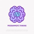 Programmer`s thinking: brain with code. Thin line icon. Modern vector illustration
