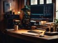 programmer\'s workplace with a monitor on a wooden table with bright lighting