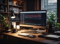 programmer\'s workplace with a monitor on a wooden table with bright lighting