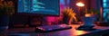Programmer s workspace with keyboard, monitor, and coffee , computer, coding tools