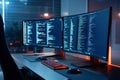 A programmers workstation featuring multiple monitors displaying lines of code representing the dedication focus and intricat Royalty Free Stock Photo