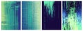 Programmer screen glitch effect backgrounds set. Program code error. Blue green neon colored stripes. Technology data