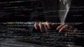 Programmer typing code in dark room, showcasing various programming languages and algorithms on a computer screen Royalty Free Stock Photo