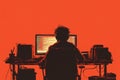 Programmer Silhouette at Desk on Solid Background Royalty Free Stock Photo