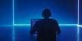 programmer silhouette laptop screen glowing lines dark background technology
