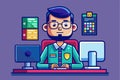 A programmer sits at a desk focusing on tasks, surrounded by colorful notes and two computer screens, Programming Customizable Royalty Free Stock Photo