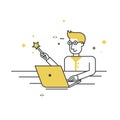Programmer sitting at a laptop with the magic wand - Vector flat style character Royalty Free Stock Photo