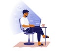 Programmer sitting at table and working, coding and chatting by laptop online