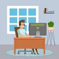 Programmer man sitting at table and using computer, quarantine distance work, freelance work at home