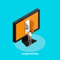 The programmer studies the computer program code, the open door in the monitor screen and the person on the staircase