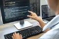 Programmer Team of  Developing programming and website working in a software develop company office, writing codes and typing data Royalty Free Stock Photo