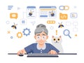 Programmer tester female character cartoon illustration. Elderly programmer tester at computer, finding program bugs.
