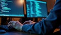 Programmer types code on keyboard in tech workspace. Hands on keyboard illuminated by glowing screens. Focus on hands and Royalty Free Stock Photo
