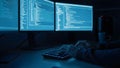Programmer Typing Code on Backlit Keyboard with Multiple Screens in Dark Room Royalty Free Stock Photo