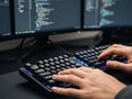 Programmer Typing Code on Ergonomic Keyboard with Dual Monitors Royalty Free Stock Photo