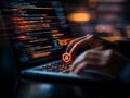 Programmer typing code on a laptop in a dark room with a highlighted security icon, showcasing data protection, cybersecurity,