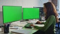 Programmer typing codes mockup computer in work room closeup. IT woman coding