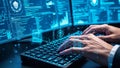 Programmer is typing on keyboard and developing secure software with abstract technology interface while working with computer Royalty Free Stock Photo
