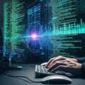 Programmer typing on keyboard with glowing digital code screen background concept Royalty Free Stock Photo
