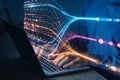 Programmer typing on laptop with colorful data flow visualization, concept of artificial intelligence, big data analysis, machine Royalty Free Stock Photo