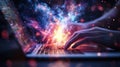 Programmer typing on laptop creating universe with stardust and nebulae Royalty Free Stock Photo
