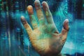 Programmer using digital touchscreen showing futuristic fingerprint security system Royalty Free Stock Photo