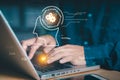 Programmer using laptop with AI head and coding language icons. Concept of automated coding, software development, artificial Royalty Free Stock Photo