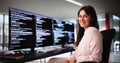 Programmer Woman Coding On Multiple Computers Royalty Free Stock Photo