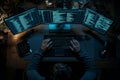 Programmer at work, coding at night on mockup screen for networking, malware, software, or malware at the office. Male