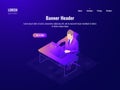 Programmer at work isometric, software development, a man sits at a table with laptop, workplace in office, learning