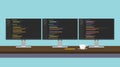 Programmer workdesk triple monitor with programming code Royalty Free Stock Photo