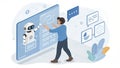 Programmer working with AI and machine learning using large digital screen with humanoid robot, data and global communication Royalty Free Stock Photo
