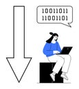 Programmer working on code with binary speech and downward arrow symbolizes data transfer Royalty Free Stock Photo
