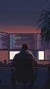 A programmer working on code in a dark room illuminated by multiple screens.
