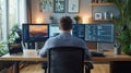 Programmer Working on Code at Home Office Desk with Multiple Monitors Royalty Free Stock Photo