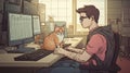 Man sending messages, surfing Internet at home. workplace with his pet. Freelancer with computer spends time with cat. Royalty Free Stock Photo