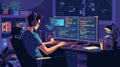 Programmer working on computer. Programmer in headphones working at home. illustration in cartoon style Generative AI Royalty Free Stock Photo