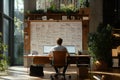 Programmer working with computer at table. Screens show layered code structures and systems analysis. AI Generated Royalty Free Stock Photo