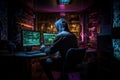 Programmer working on computers with multiple monitors. Security system cyber attack. Generative AI Royalty Free Stock Photo