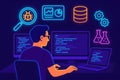 Programmer Working on Computers Surrounded by Neon Icons of Debugging Data and Science programming coding Royalty Free Stock Photo