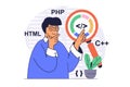 Programmer working concept with cartoon people in flat design for web. Man searching program bugs in code, creating Royalty Free Stock Photo
