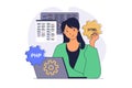 Programmer working concept with cartoon people in flat design for web. Woman programming software at screens
