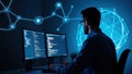 Programmer Working at Desk with Dual Monitors Royalty Free Stock Photo