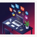 Programmer working at desk with coding languages laptop computer Royalty Free Stock Photo