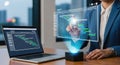 Programmer working with holographic interface and laptop displaying code Royalty Free Stock Photo