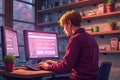 Programmer working from home at modern desk typing on keyboard looking at dual monitors Royalty Free Stock Photo