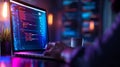 A programmer working on a laptop in a dark environment, illuminated by colorful lights and code displayed on the screen
